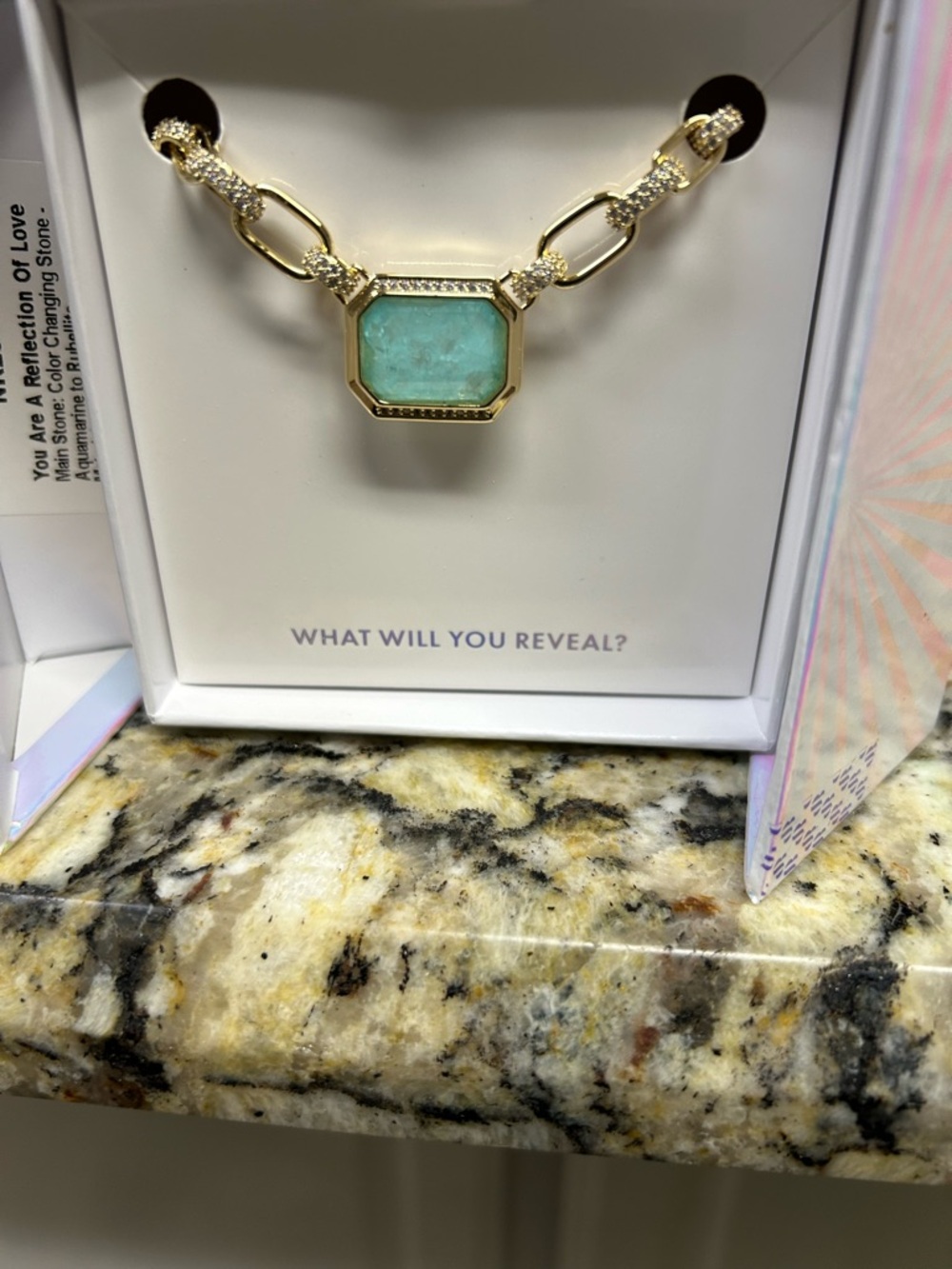 Gold-Tone Necklace with Mint Green Octagon Pendant and Pavé Links